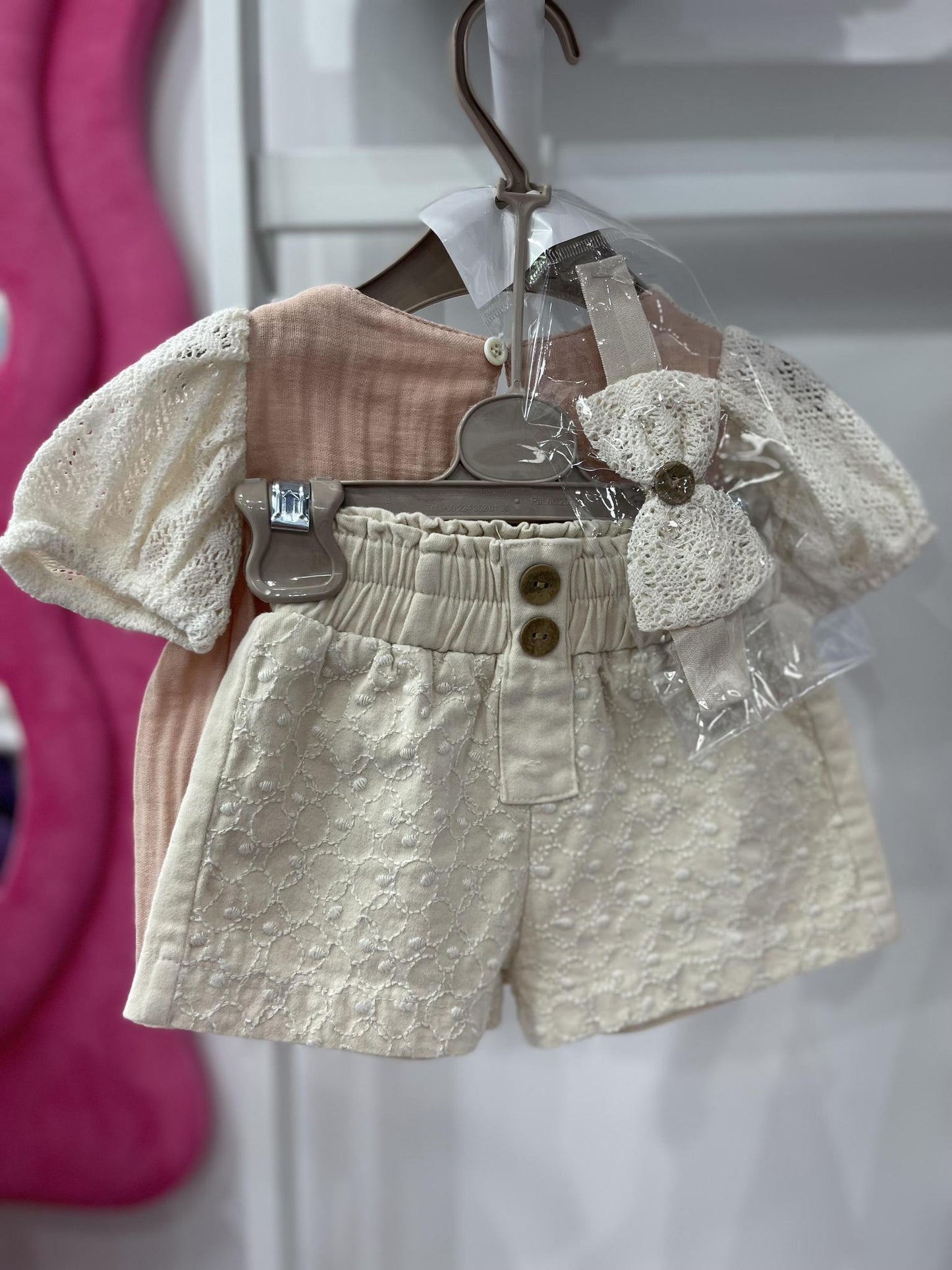 Baby Girl Beige Shorts with Muslin Top Fower Detail and Headband