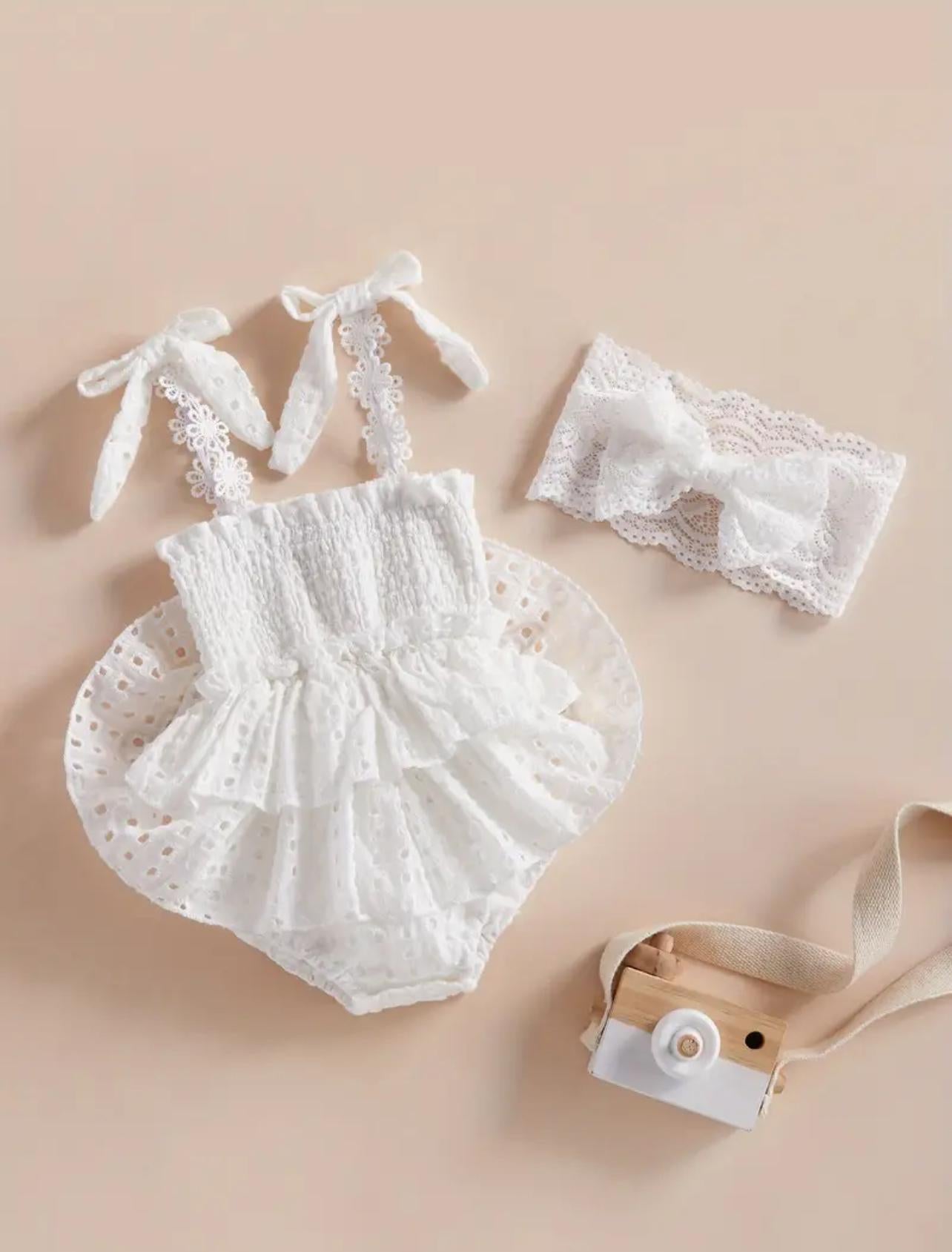 White Infant Baby Girls Romper Dress with Lace Bow