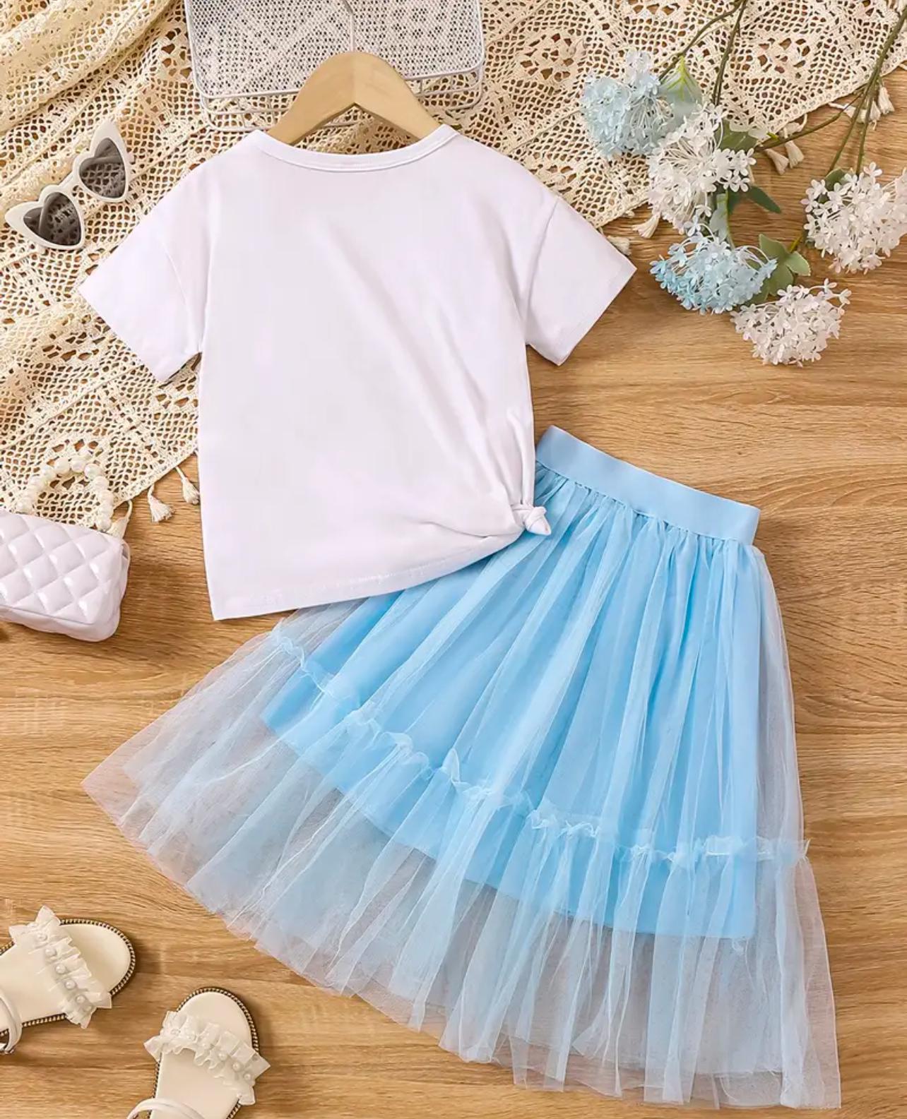 2 Piece Tshirt with Bow Lace Detail and Light Blue Bow Tulle Skirt