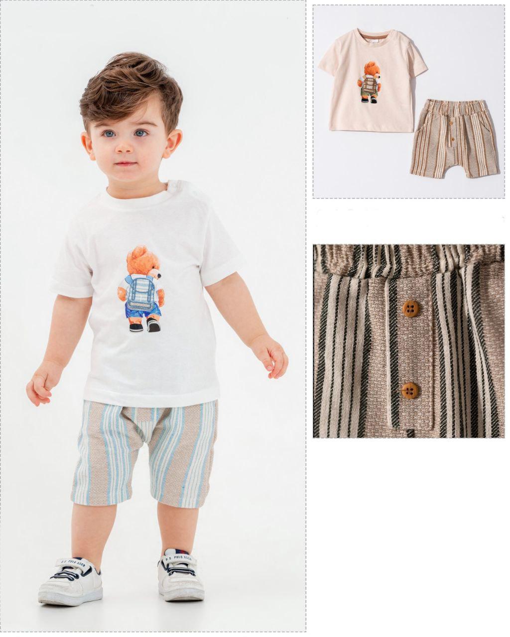 White Bear Tshirt And Brown Linen Shorts Set