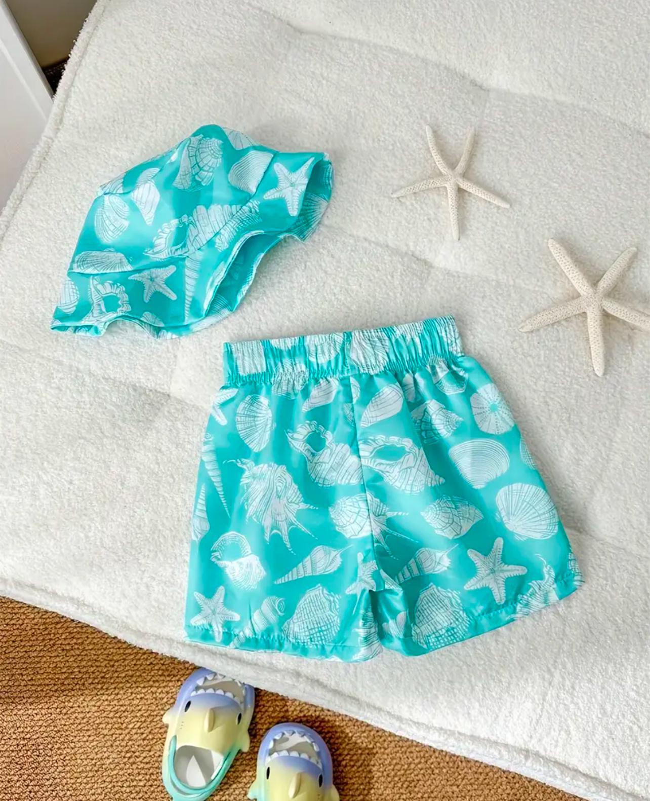 Boys Swimming Trunks with Sun Hat - Seashell Print