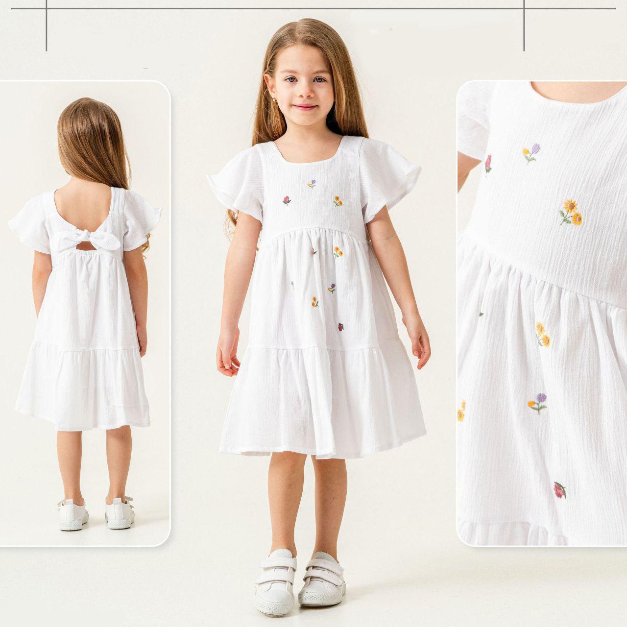 White Muslin Dress With Flower Embroidery