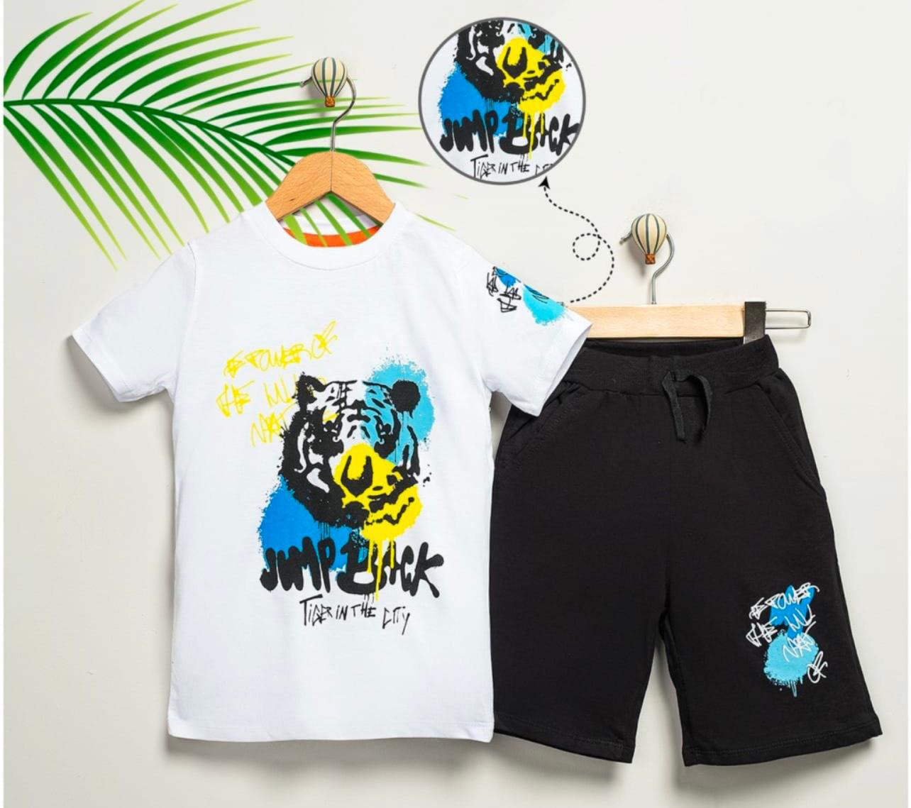 Boy Tiger Print White Tshirt and Black Shorts Set