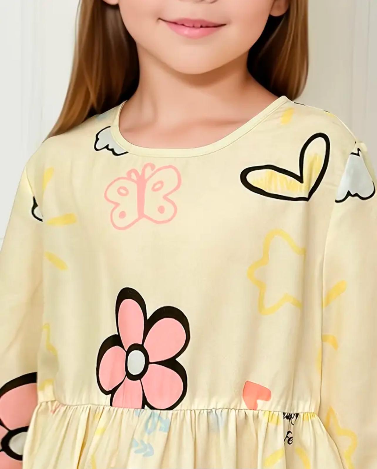 Girls Silky Long Sleeve Ruffle Hem Flower Dress