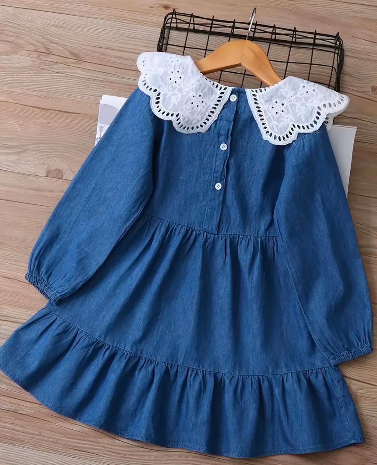 Denim Princess Dress with White Floral Collar