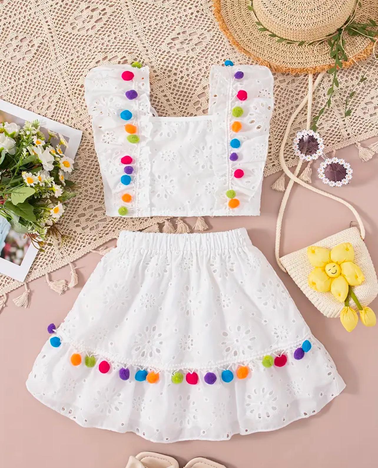 Fun Two-Piece Skirt Set Pom Pom White Lace Outfit