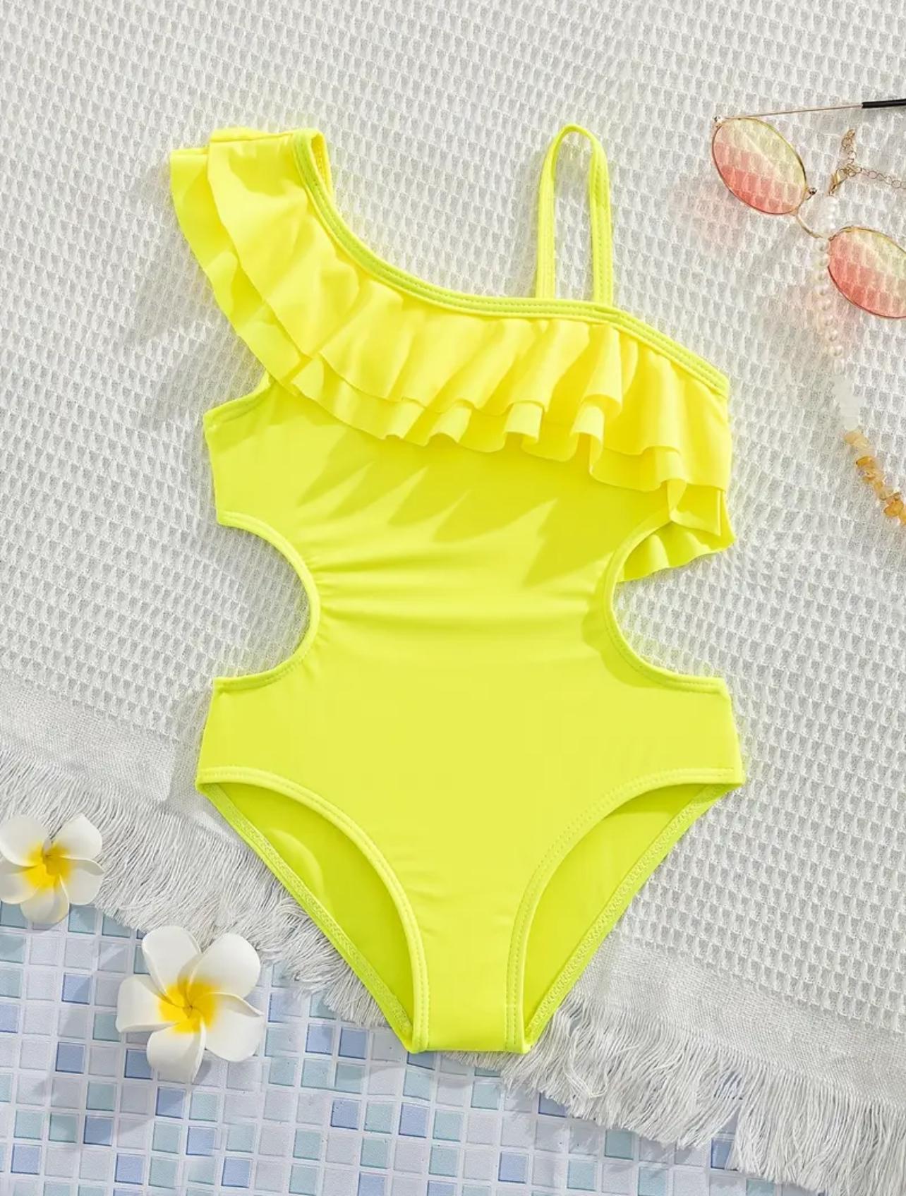 Girls Chic One Shoulder Ruffle Swimsuit