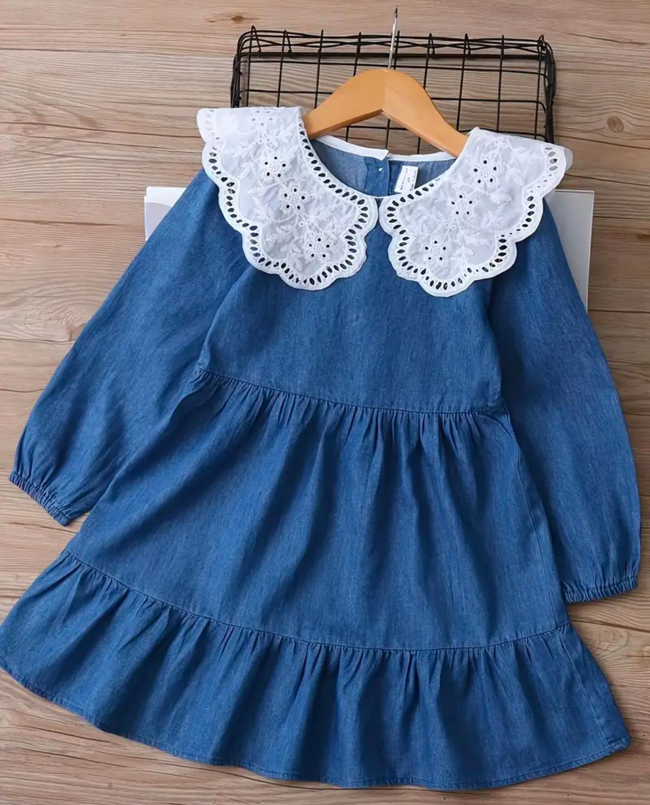Denim Princess Dress with White Floral Collar