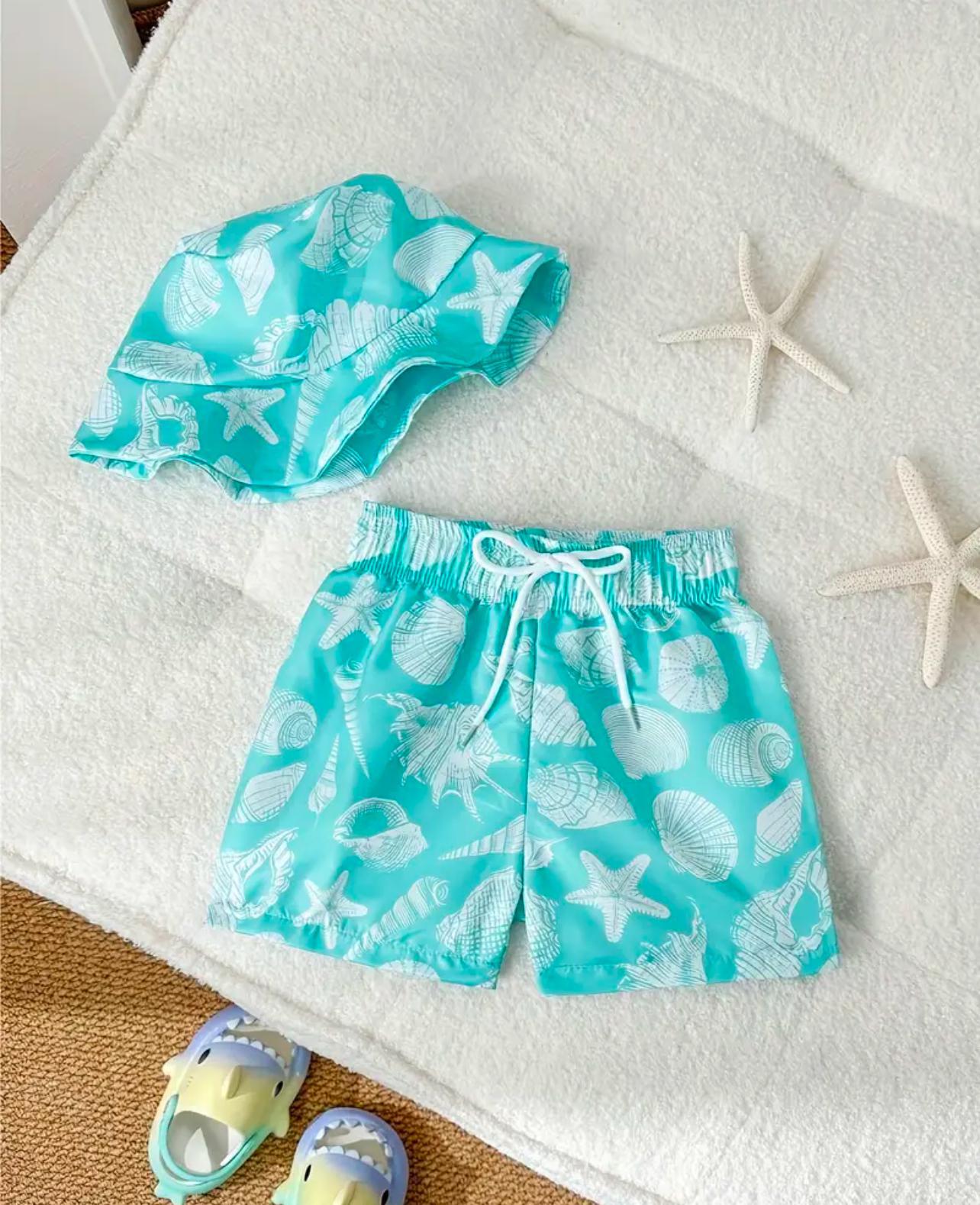 Boys Swimming Trunks with Sun Hat - Seashell Print