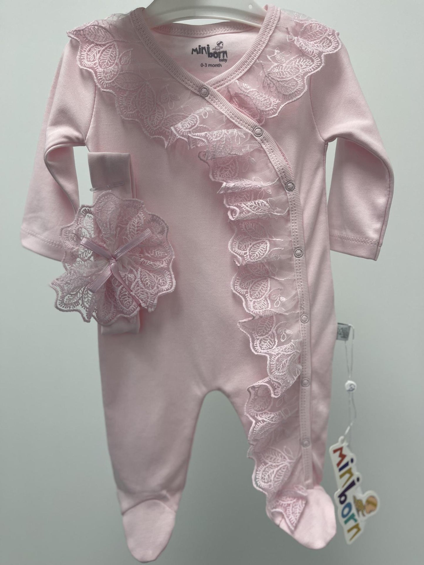 Baby Girl Pink Romper with Lace Headband