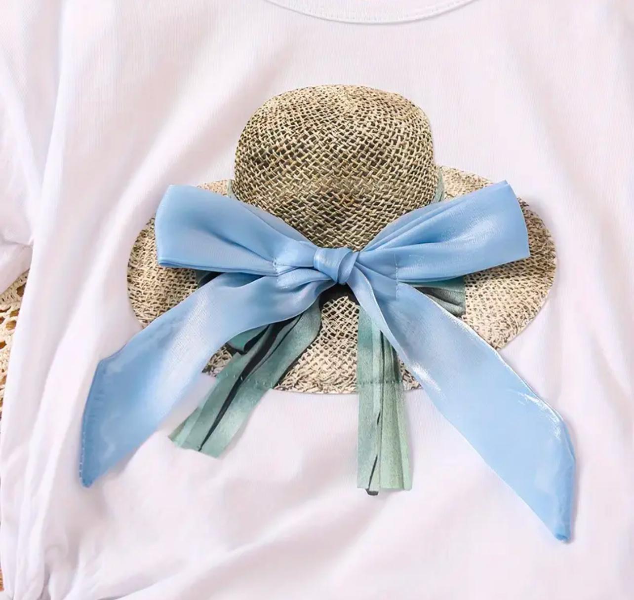 2 Piece Tshirt with Bow Lace Detail and Light Blue Bow Tulle Skirt