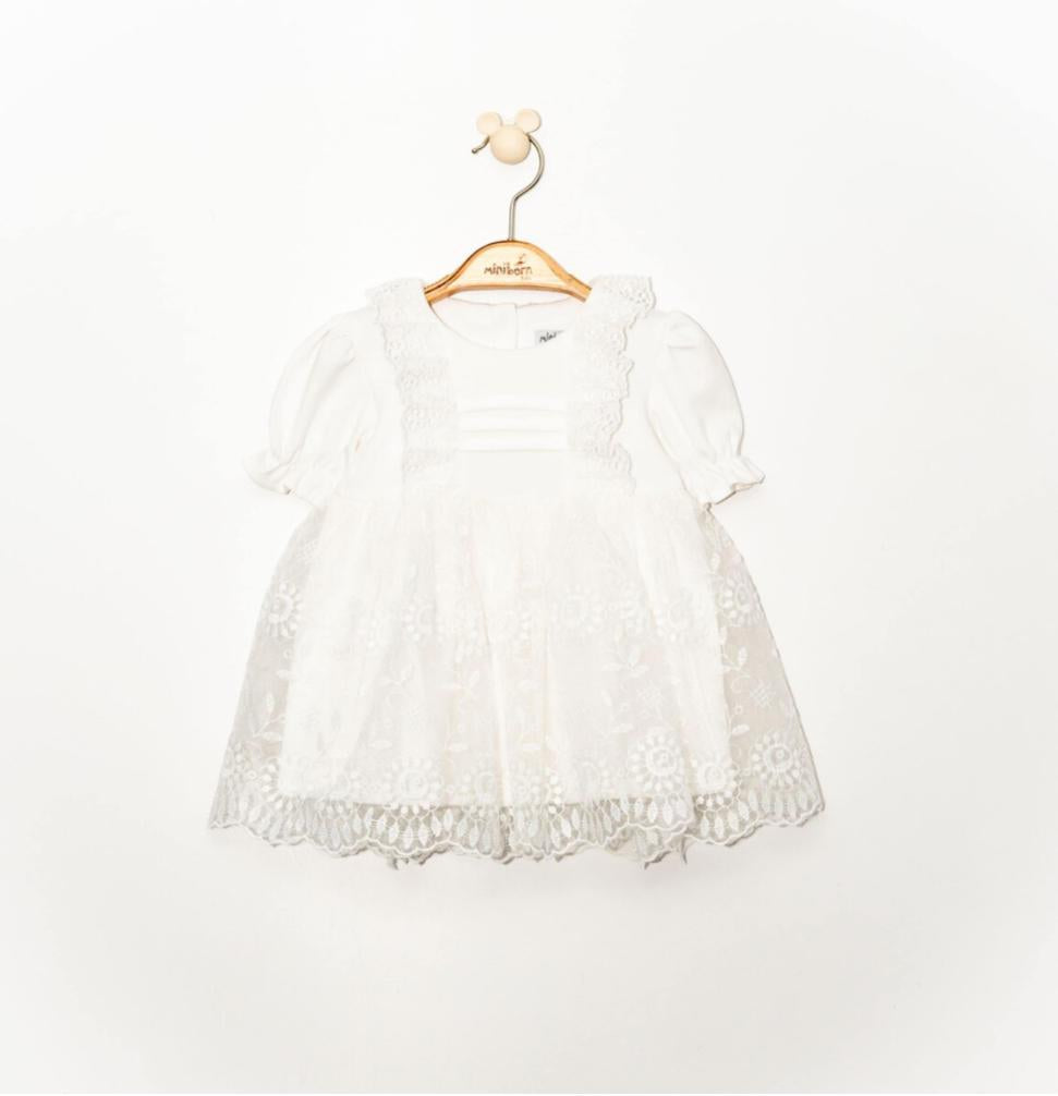 Baby White Flower Lace Dress Short Sleeve with Headband
