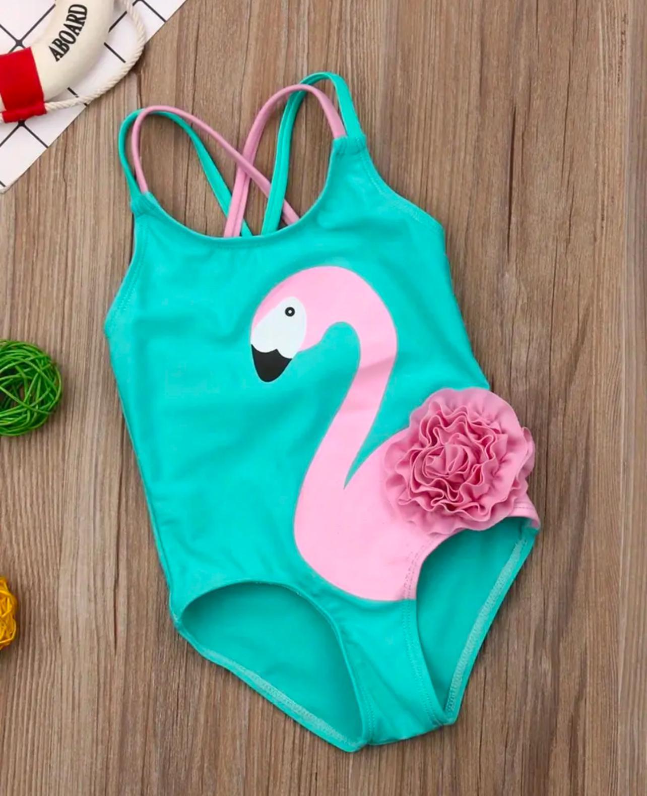 Turquoise Bathing Suit with Flamingo Print