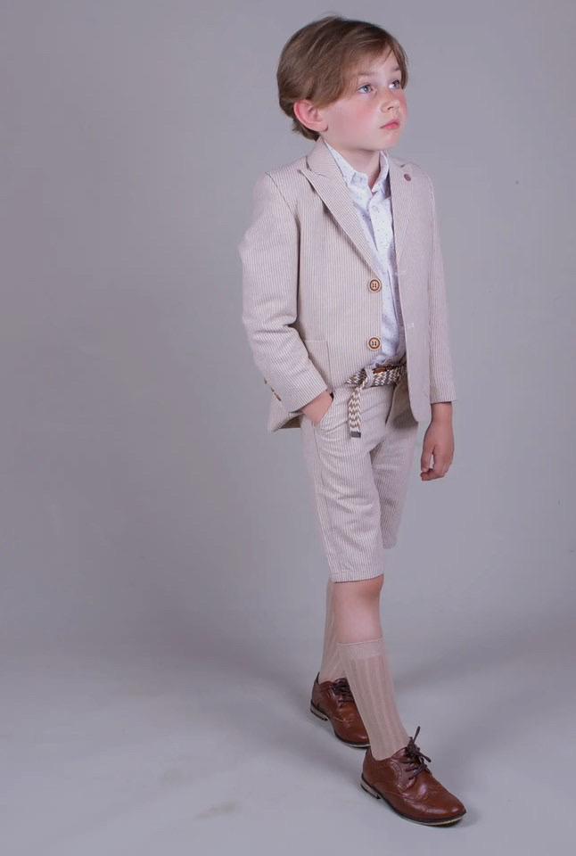 Beige Suit Belt Short Jacket Bowtie Shirt