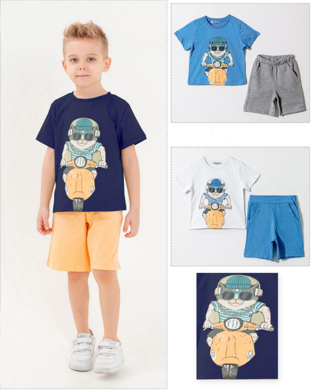White-Blue Boys Moto Cat 2 Piece Shorts Set