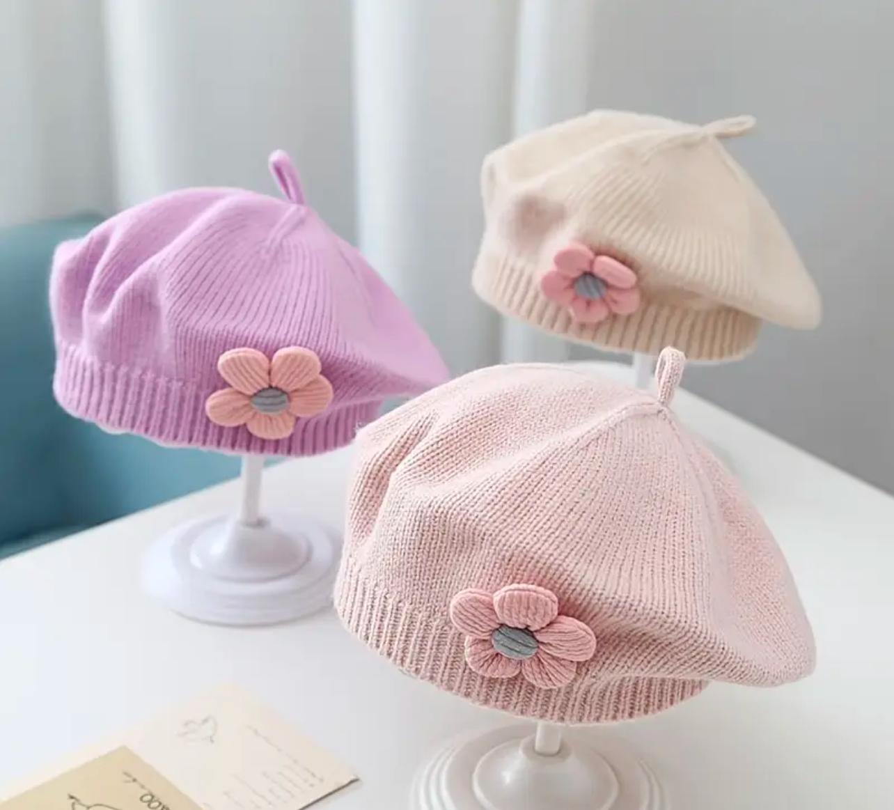 Purple Floral Knit Beret Hat