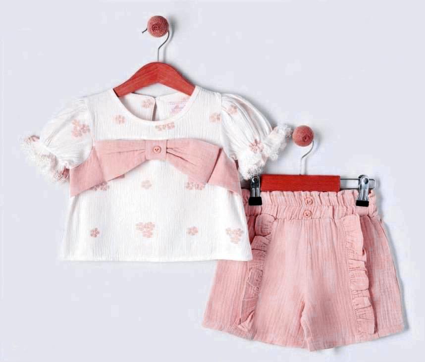 Baby Girl Top with Bow and Muslin Pink Shorts