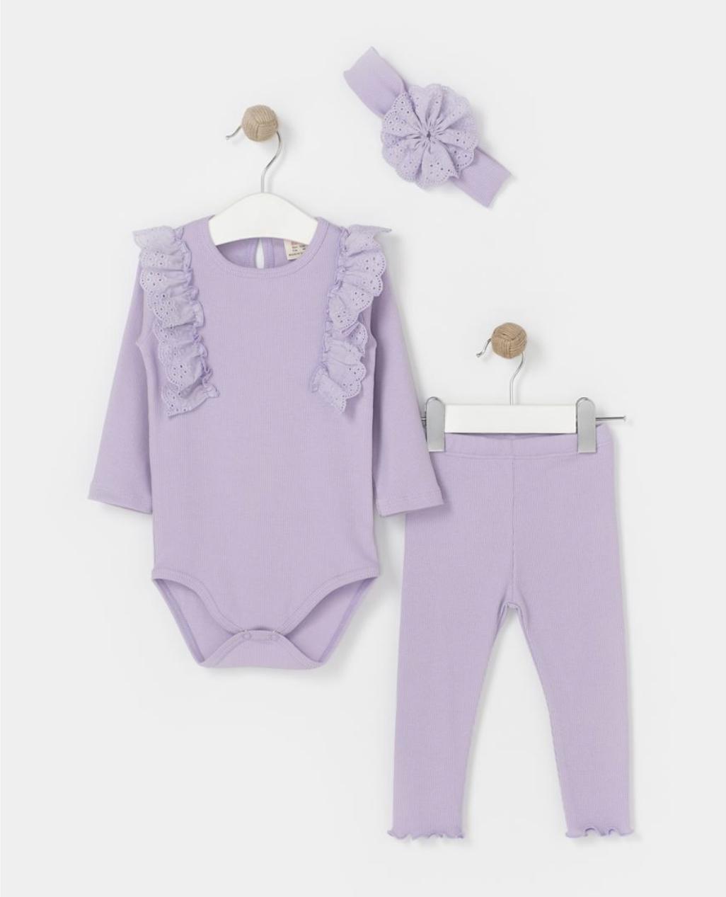 Lilac Ruffle Long Sleeve Body, Legging and Headband Set