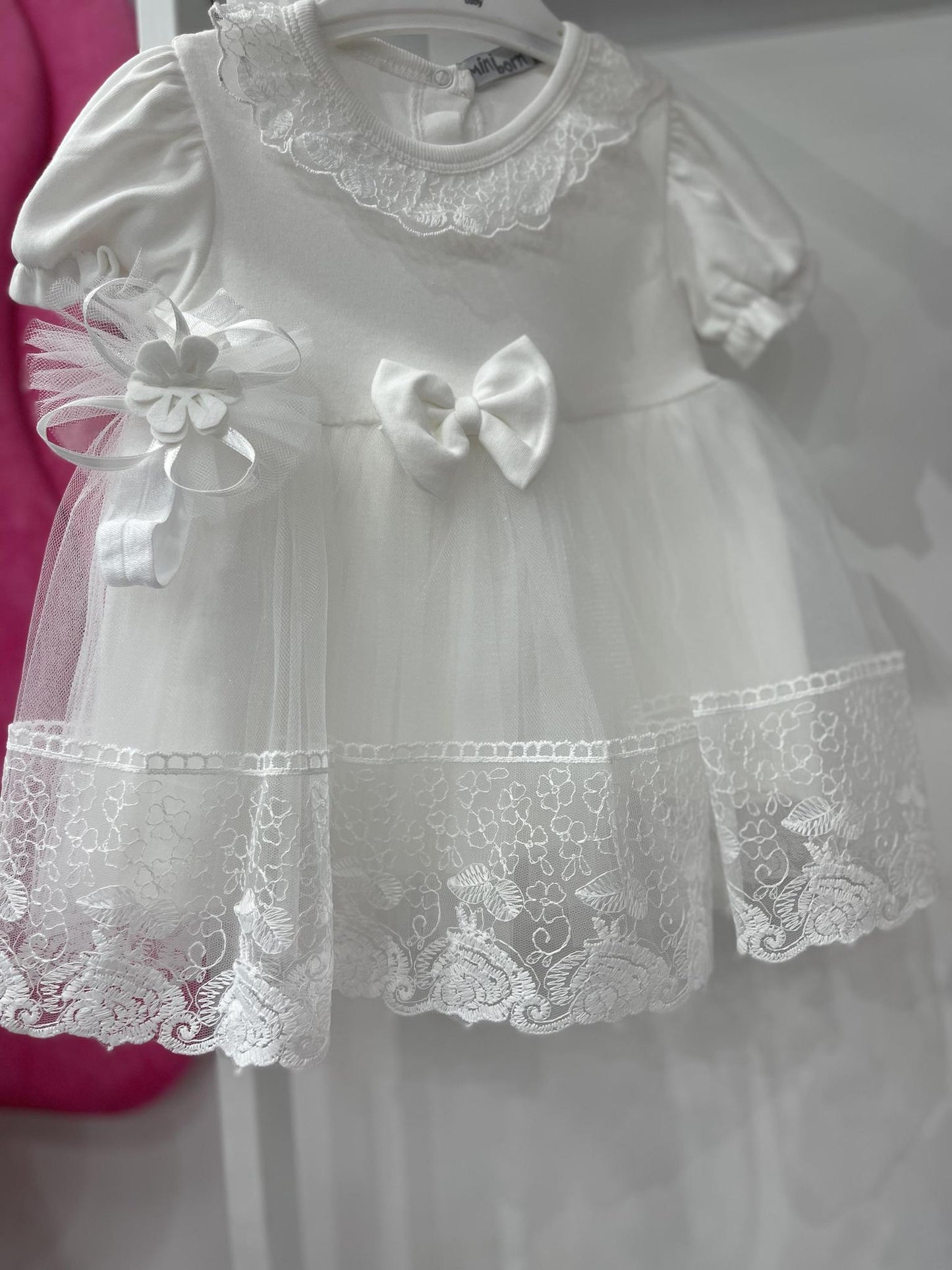 Baby White Lace Dress Short Sleeve with Headband