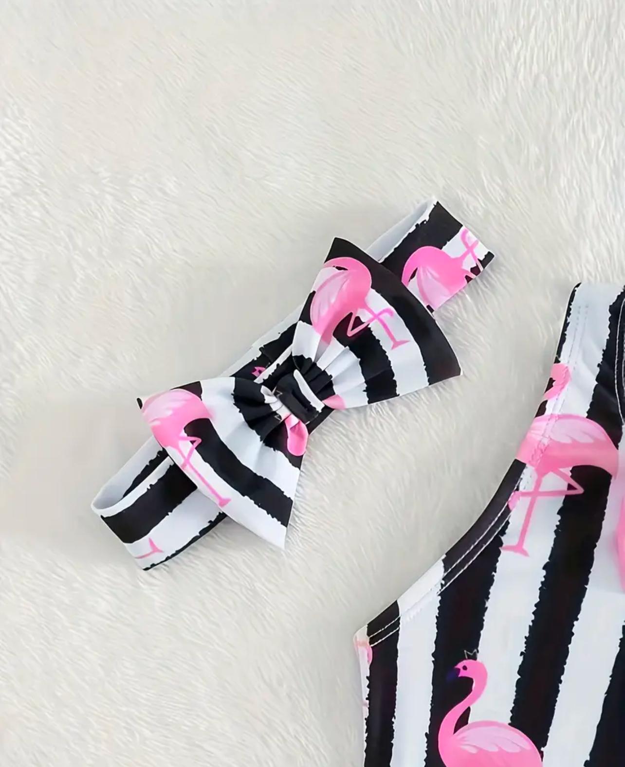 Flamingo Black Stripe One-Piece Swimsuit with Headband
