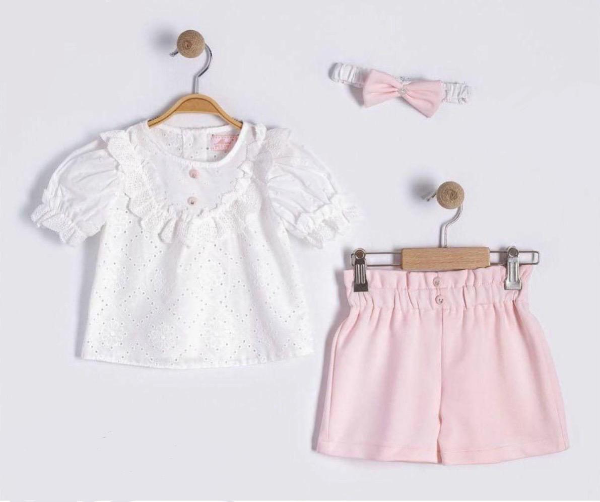 Baby Girls 3 Piece Set White Ruffle Top with Pink Shorts and Headband