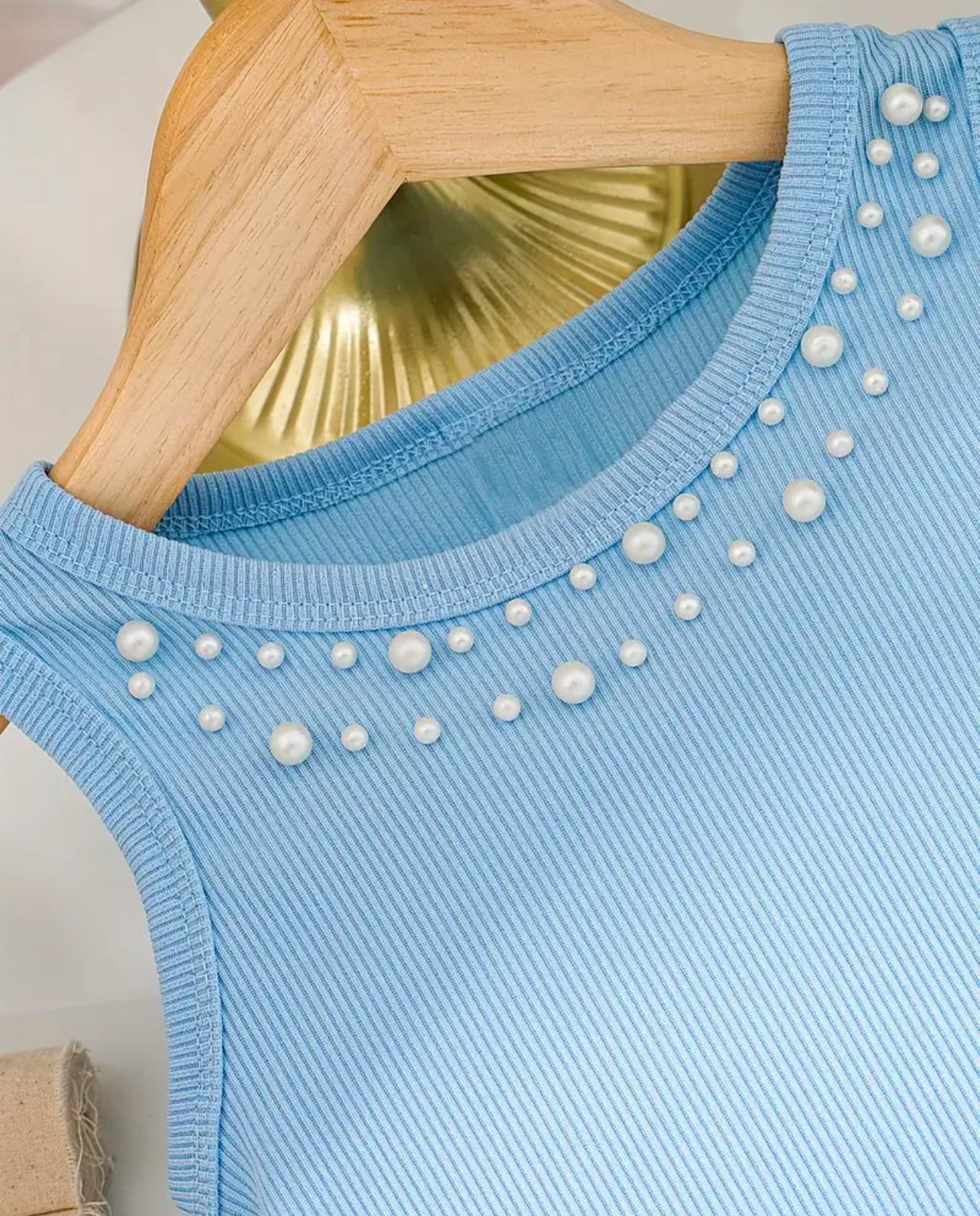 Elegant Girls Sleeveless Dress with Pearls