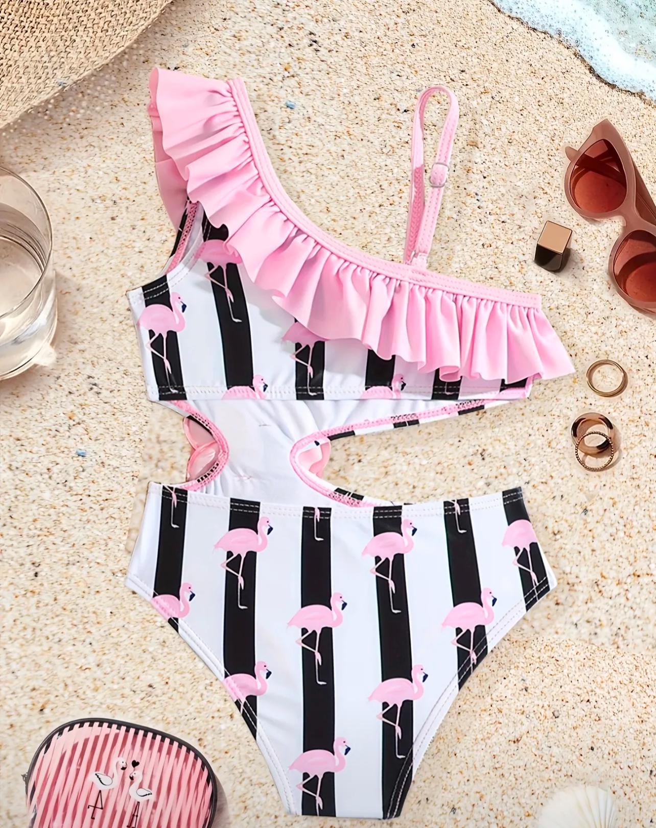 Girls One-Piece Swimsuit 3D Floral Design & Flamingo Print