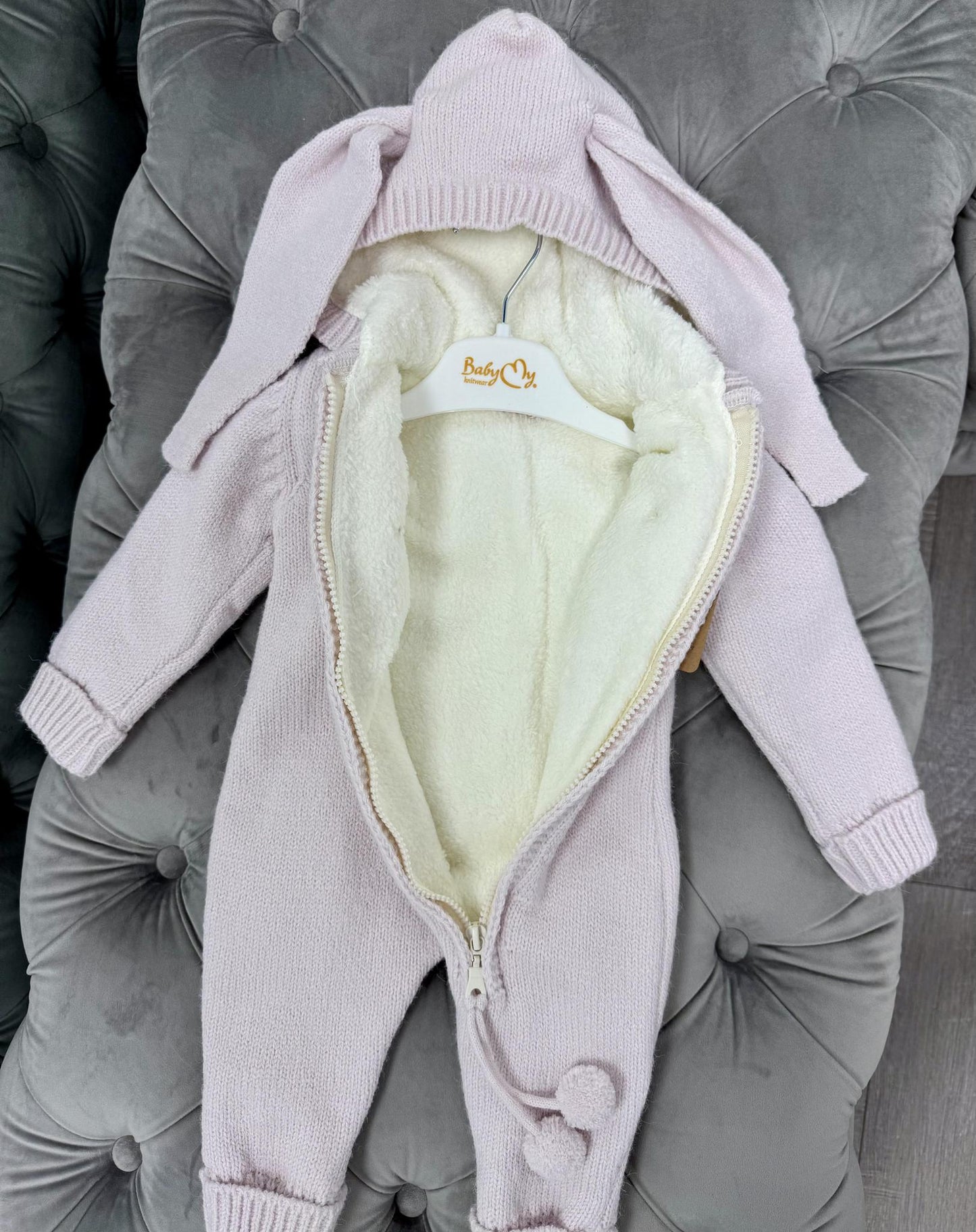 Babymy - Knit Bunny hooded romper zip up Pink