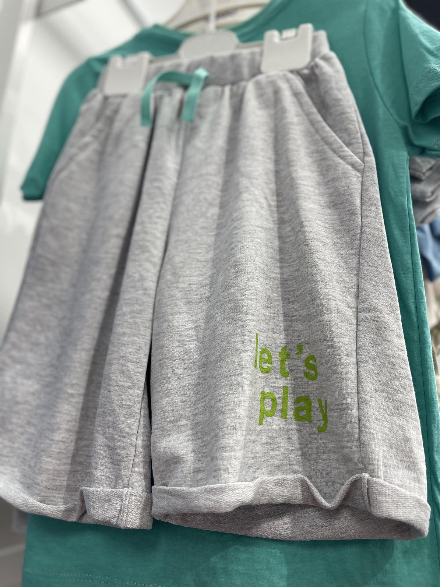 Boys Bluish Green Tshirt and Grey Shorts - Lets Play