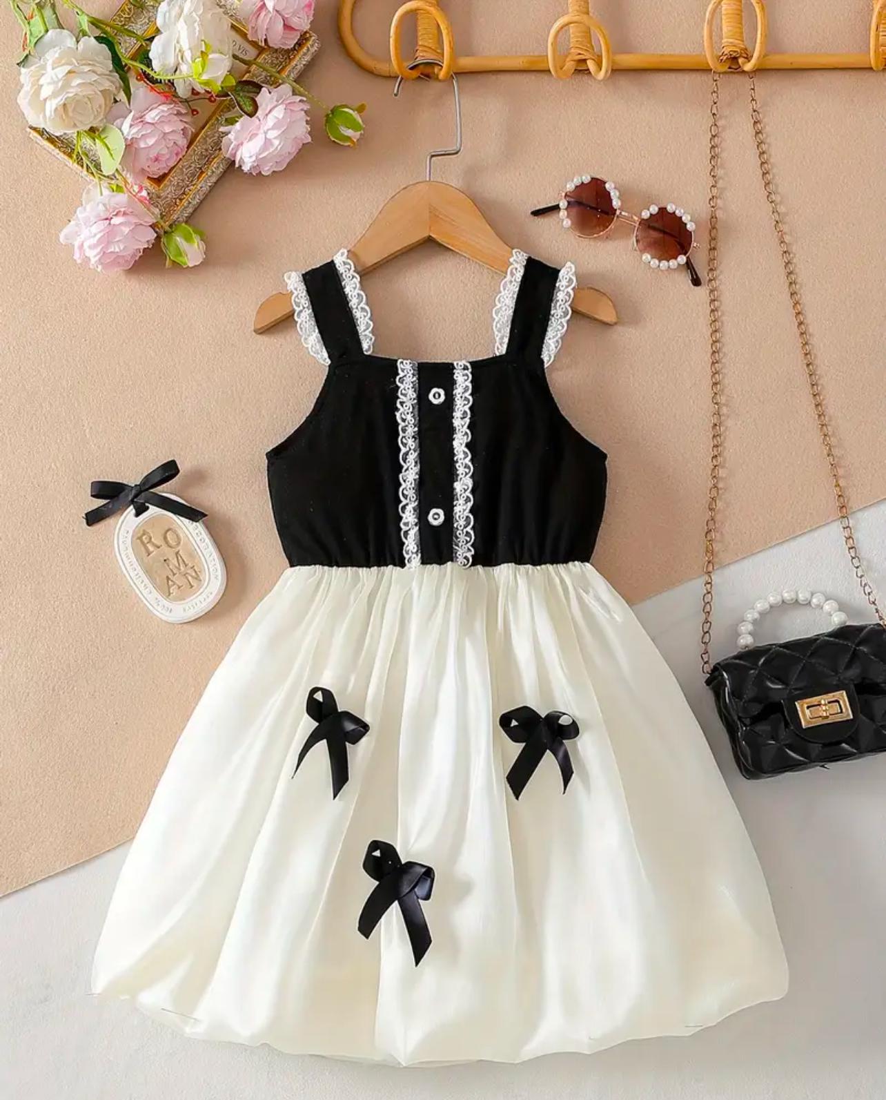 Girls Elegant Dress With Lace Straps and Ribbon Bows