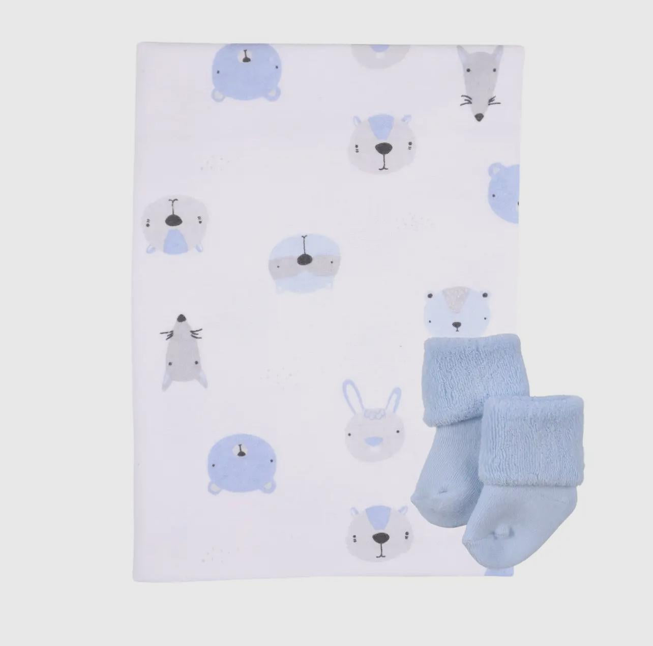 Baby Receiving Blanket & Sock Single Cupcake Gift - Bear