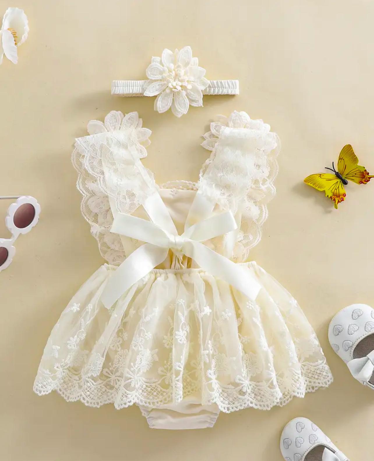 Baby Elegant Flower Embroidery Romper Dress with Headband
