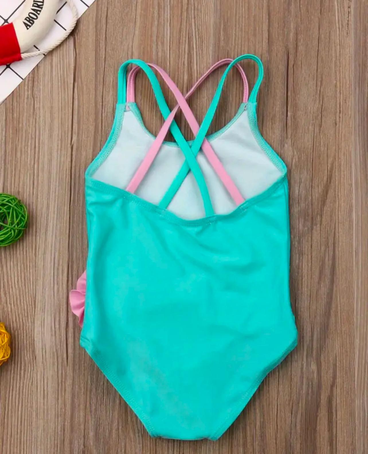 Turquoise Bathing Suit with Flamingo Print
