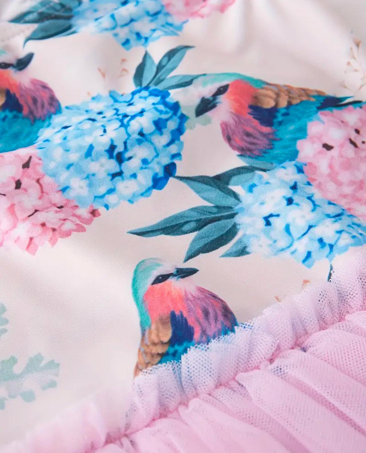 One-Piece Bird Print Swimwear with hat