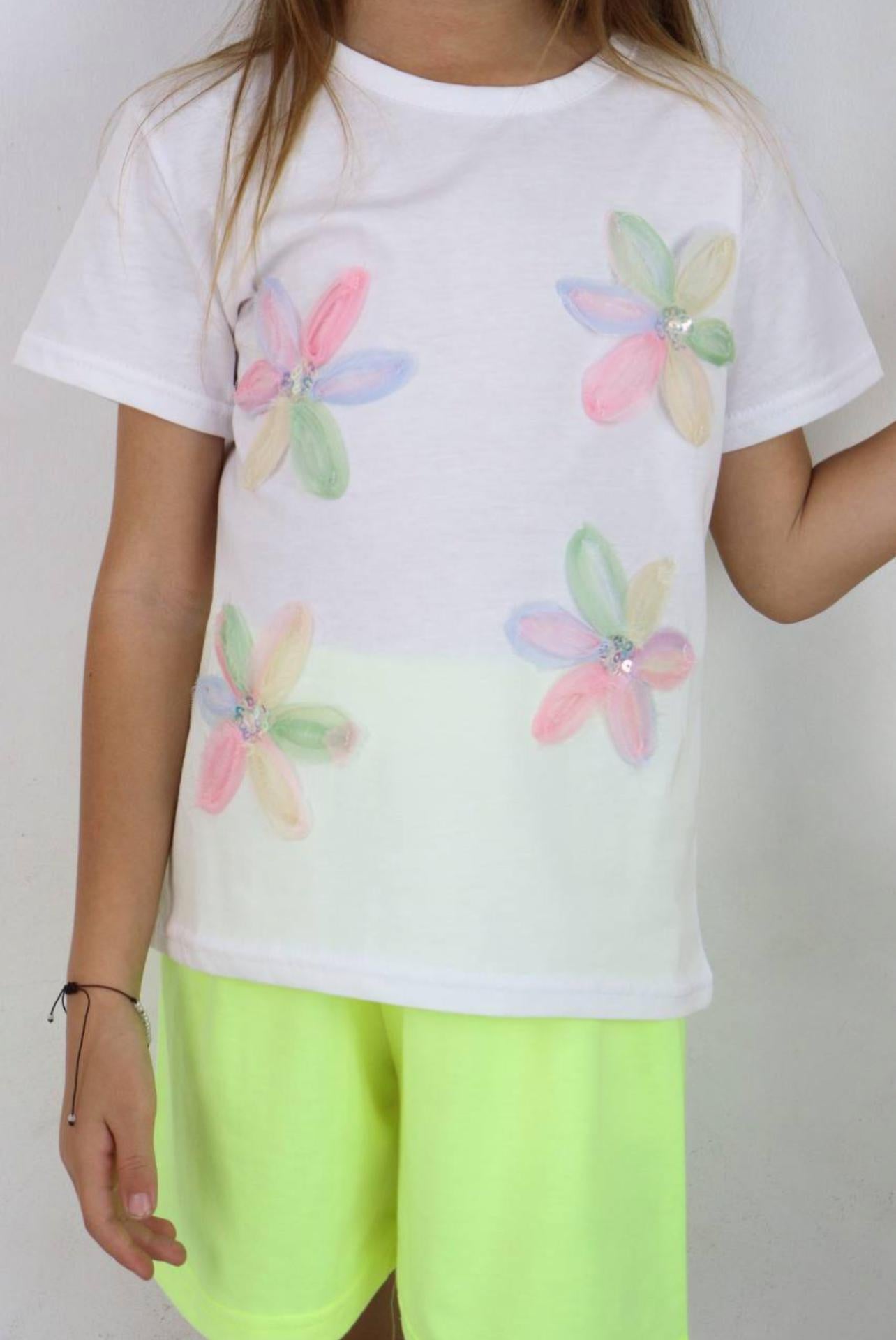 White 3D Flower Tshirt with Lime Shorts