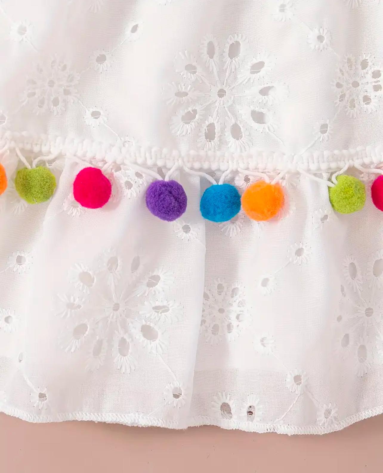 Fun Two-Piece Skirt Set Pom Pom White Lace Outfit