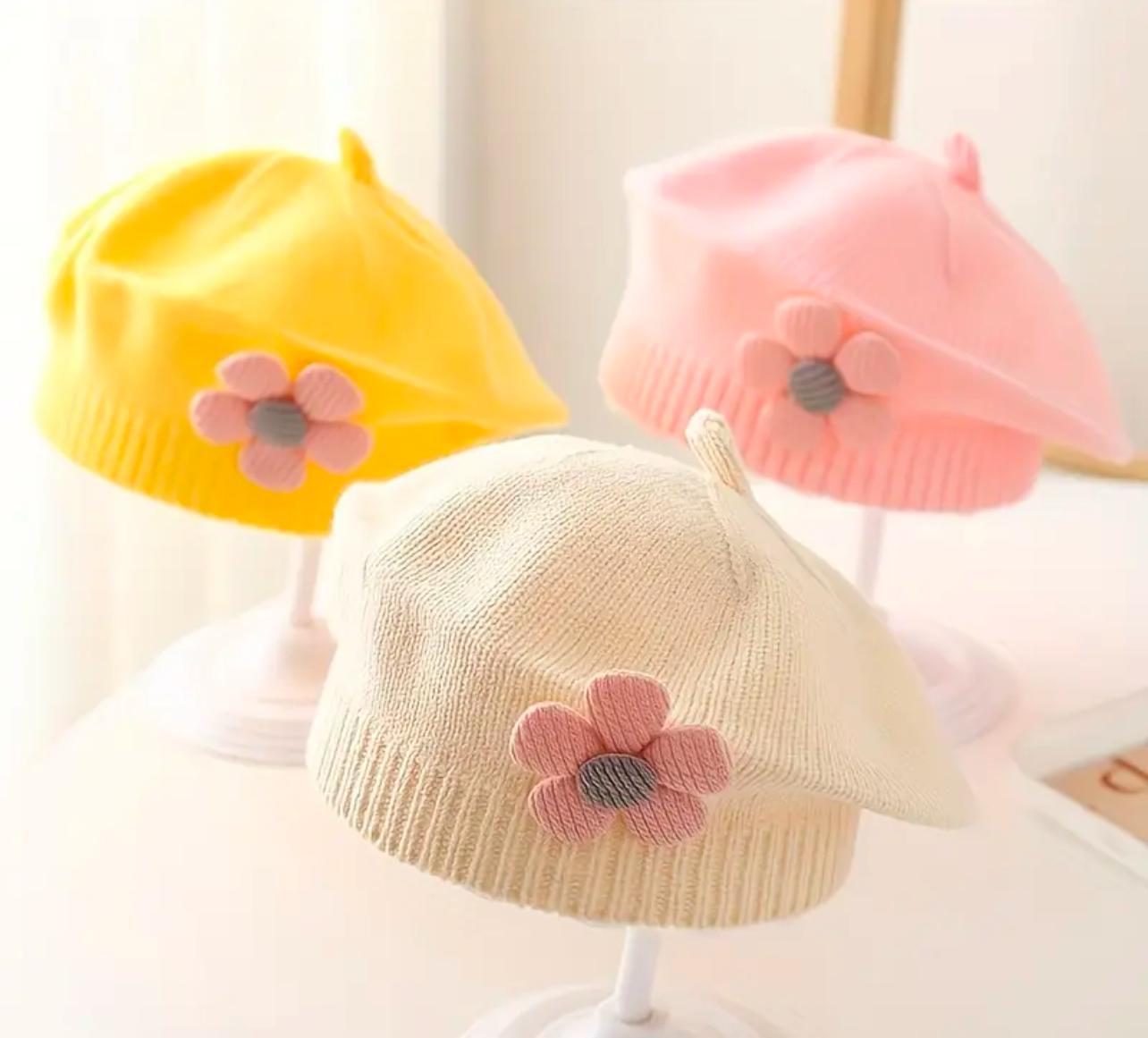 Pink Floral Knit Beret Hat