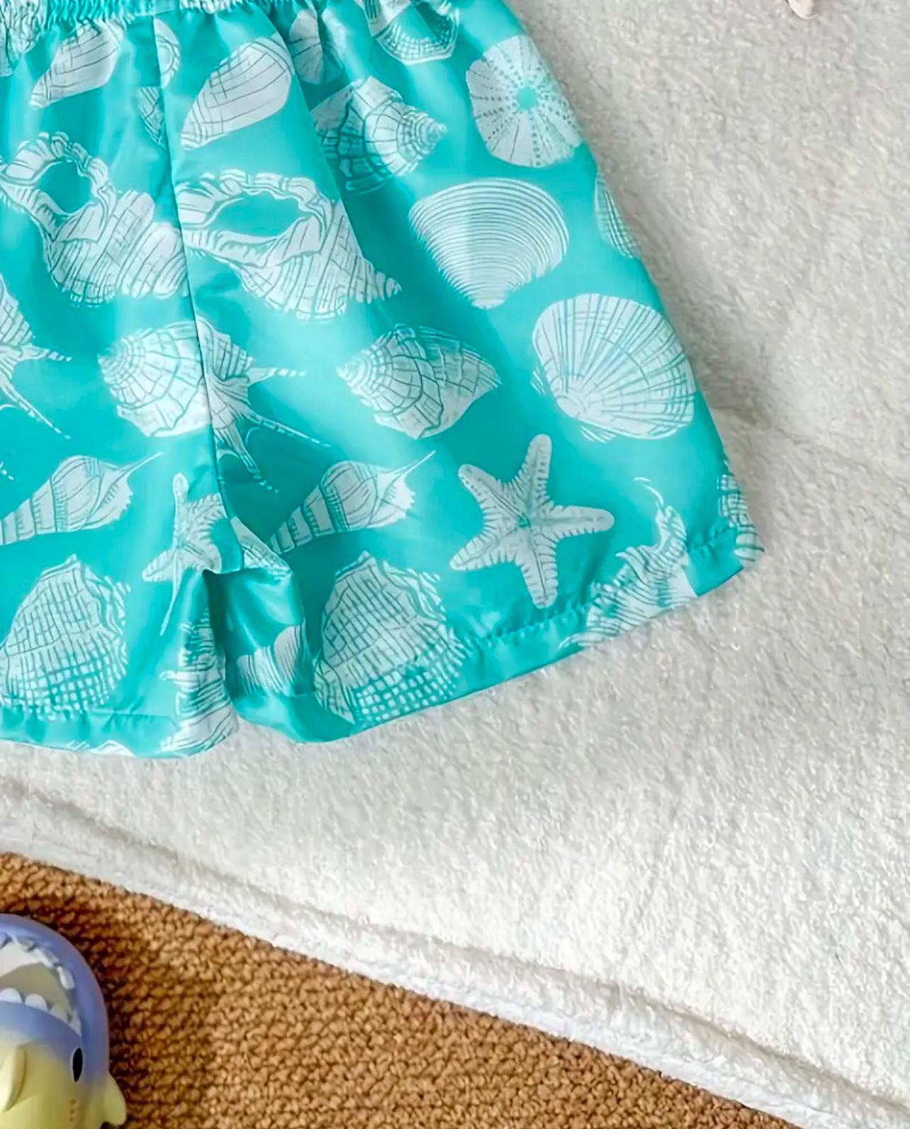Boys Swimming Trunks with Sun Hat - Seashell Print