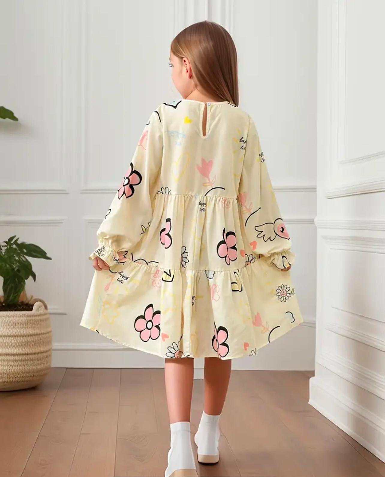 Girls Silky Long Sleeve Ruffle Hem Flower Dress