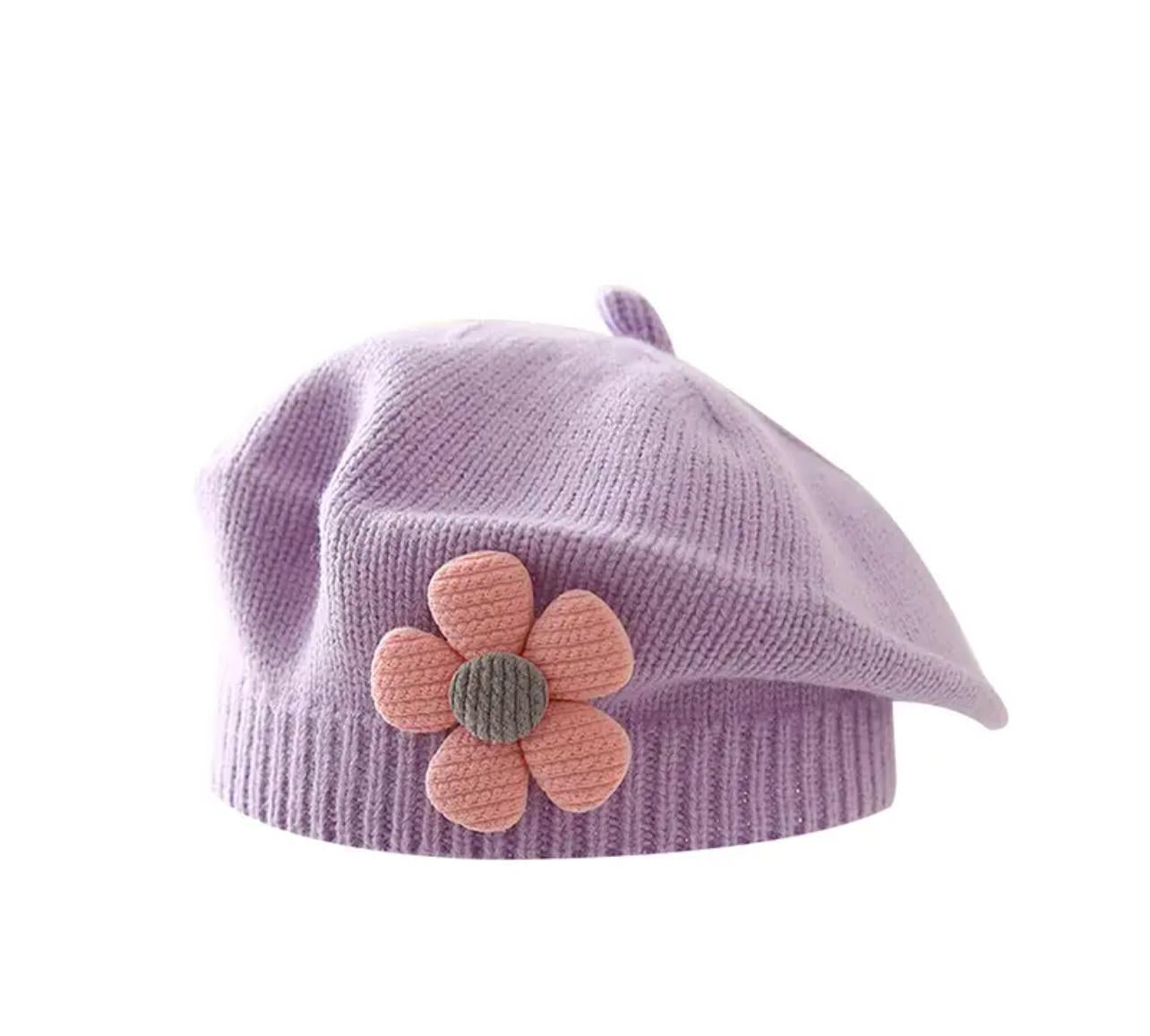Purple Floral Knit Beret Hat