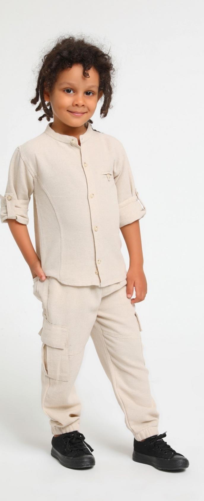 Beige natural linen cargo string pants
