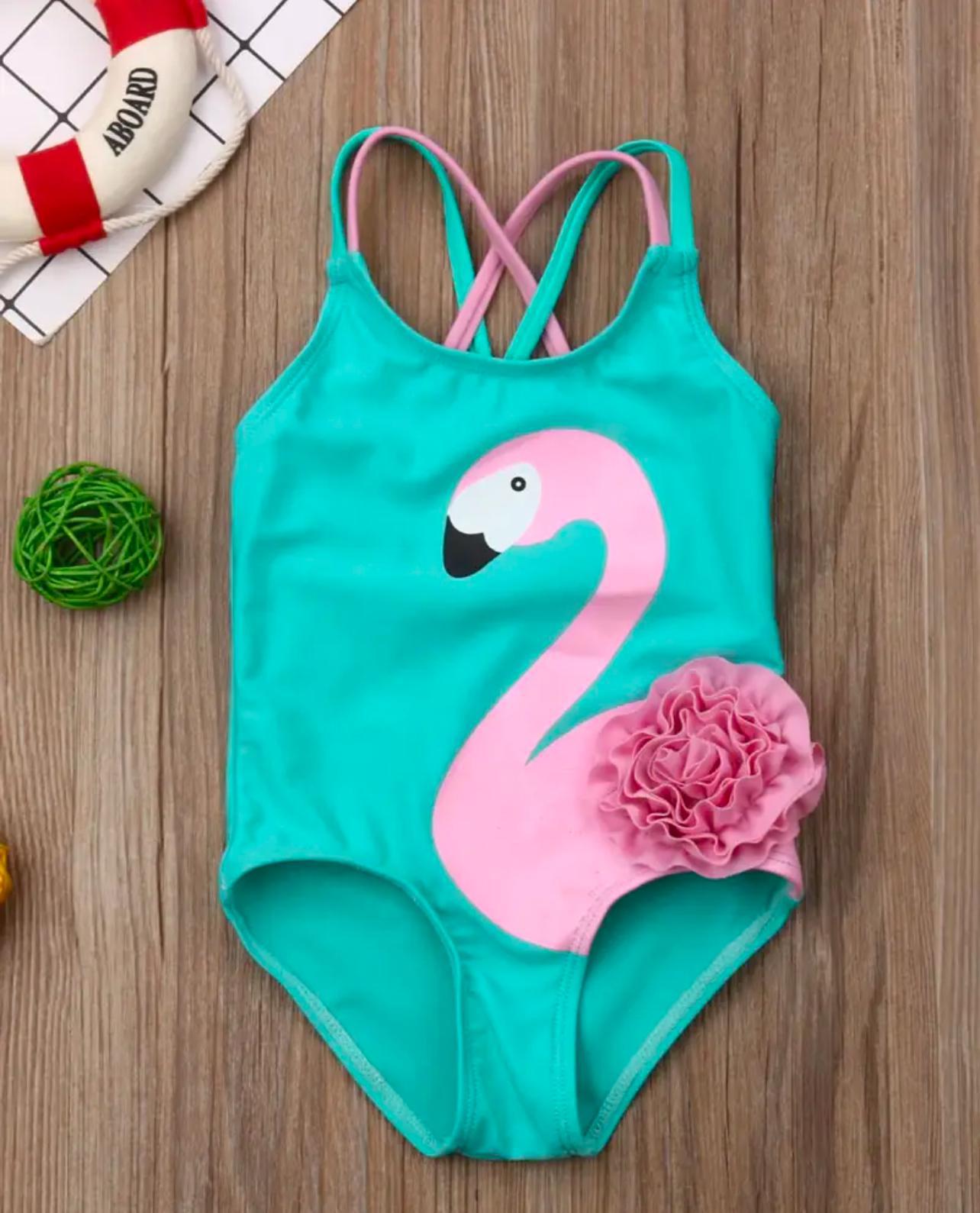 Turquoise Bathing Suit with Flamingo Print