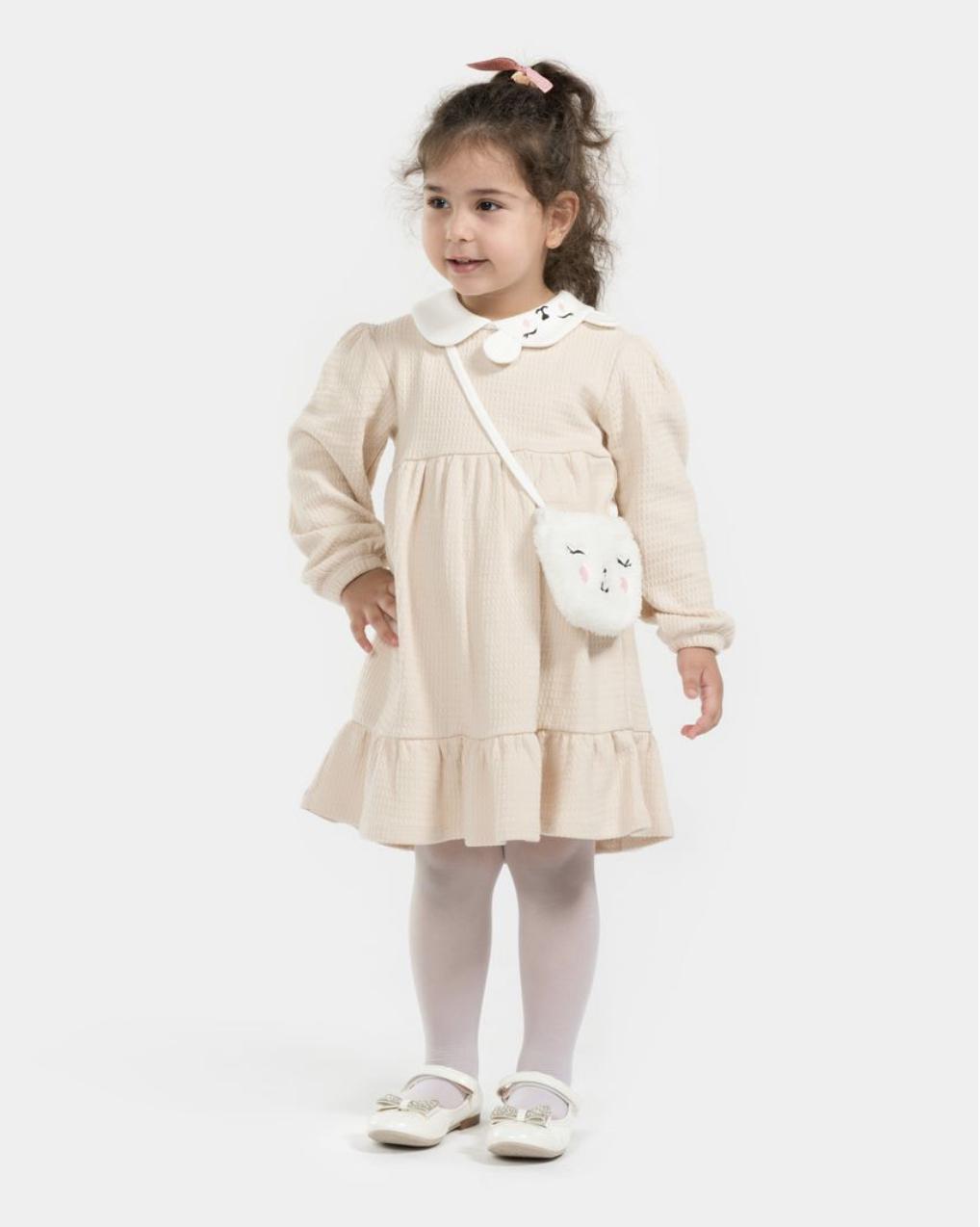 Beige Kitty Dress with Kitty collar and fuzzy bag