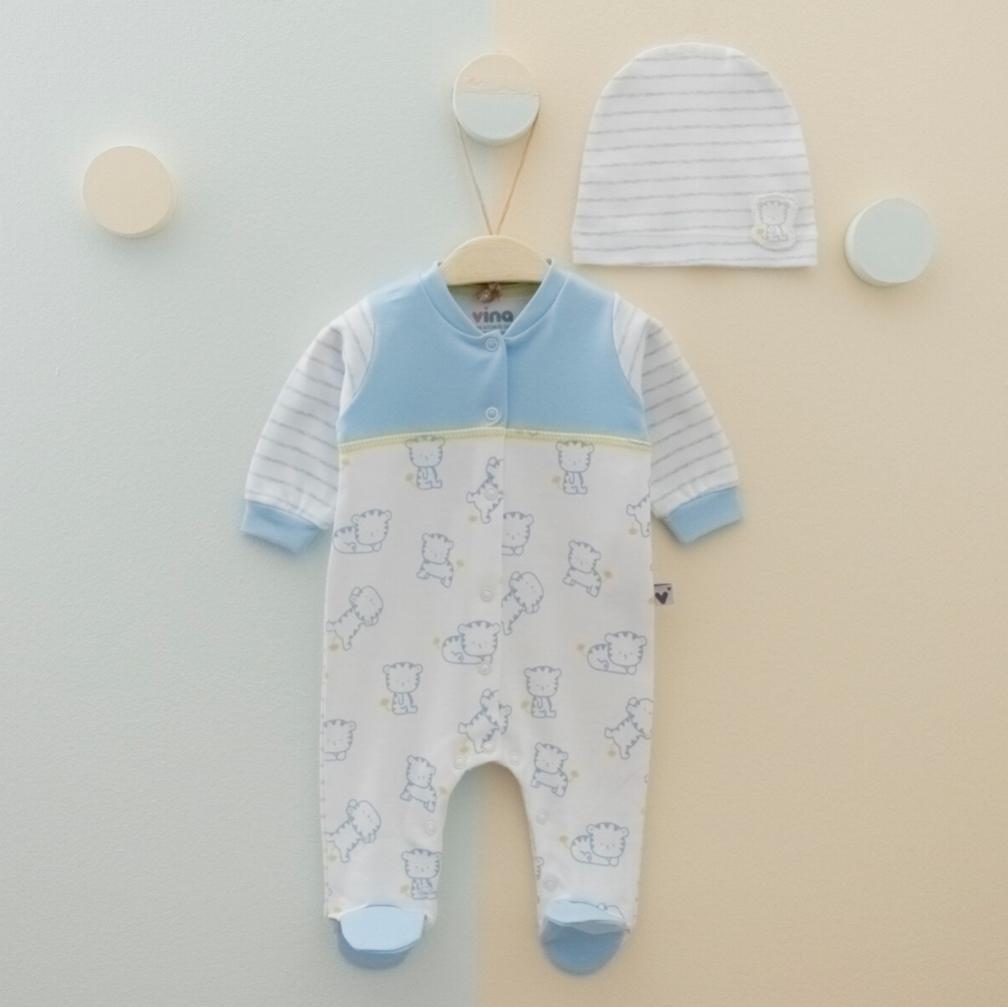 2 Piece Romper and Beanie Set- blue yellow tiger print
