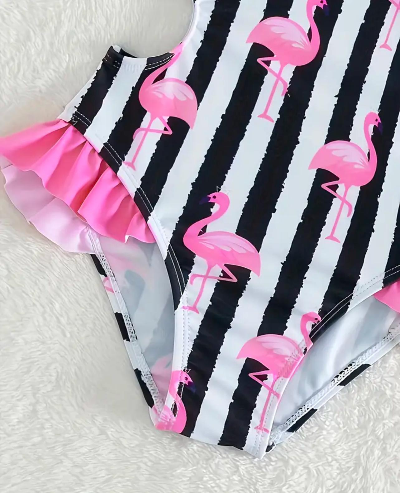 Flamingo Black Stripe One-Piece Swimsuit with Headband