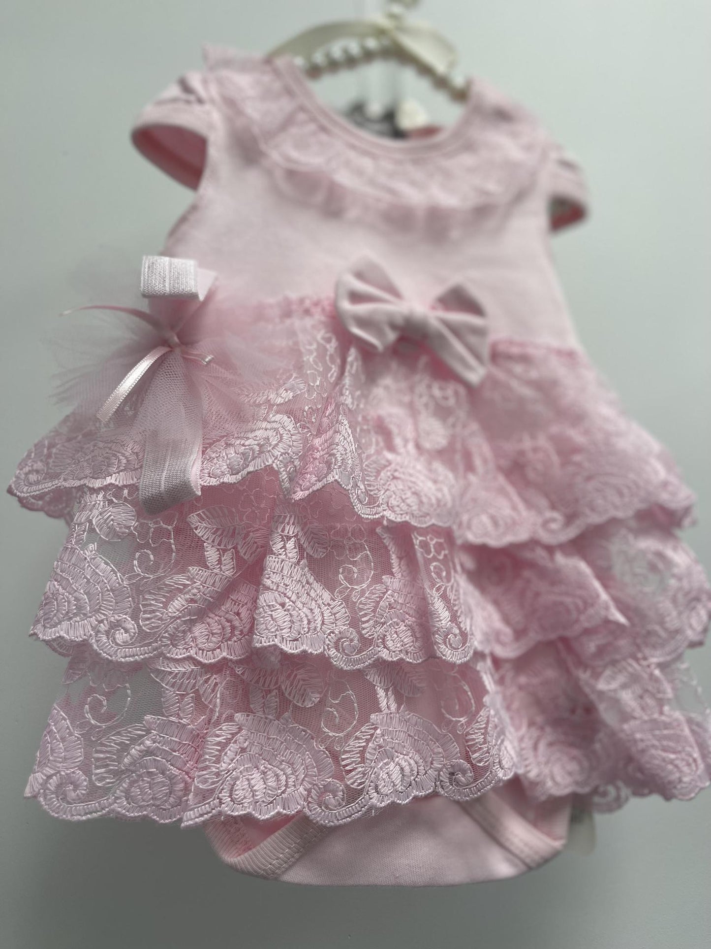 Baby Girls Pink Short Sleeve Onesie with Lace and Headband