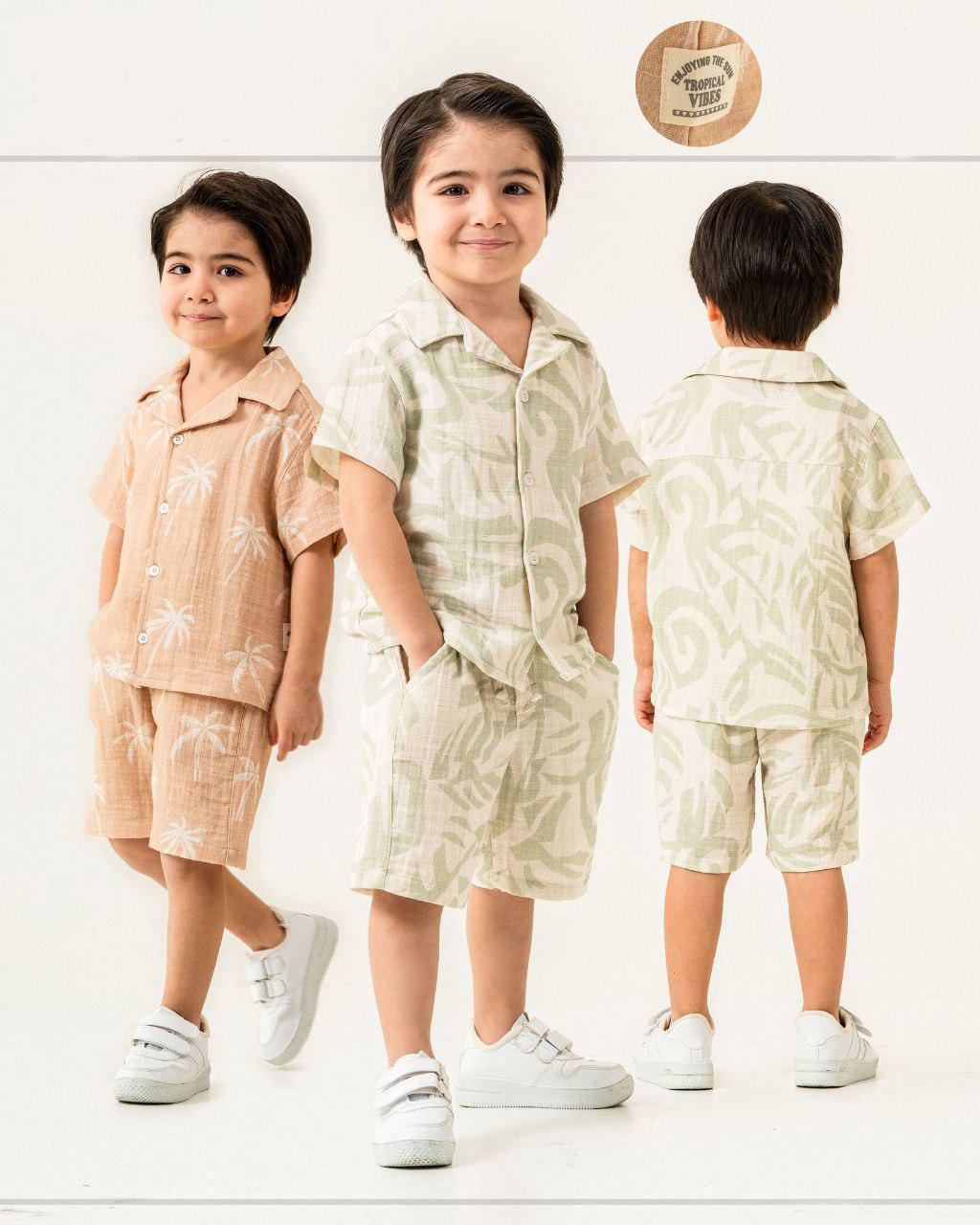 Linen Muslin Shirt and Shorts Set - Green Print