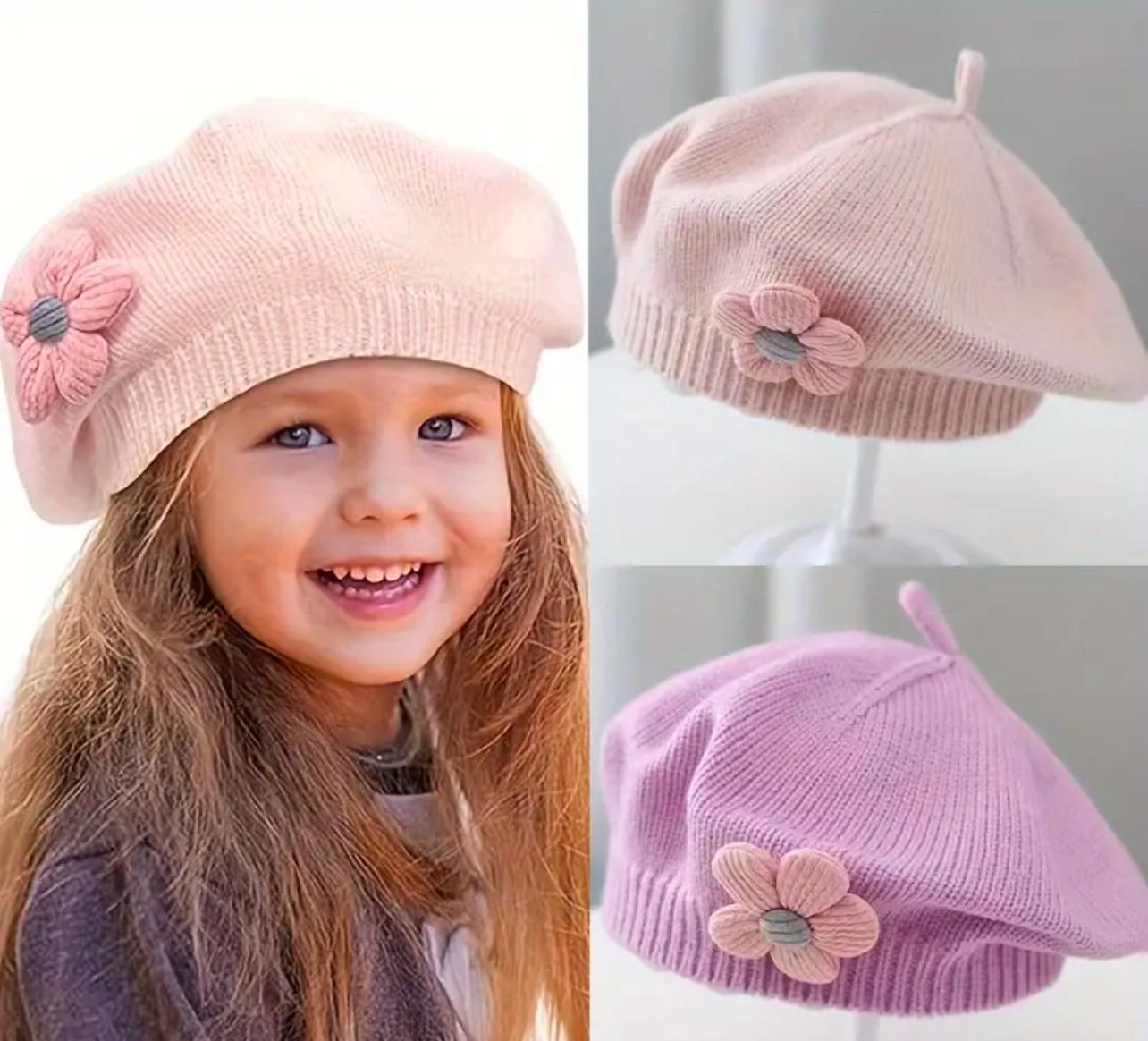 Purple Floral Knit Beret Hat