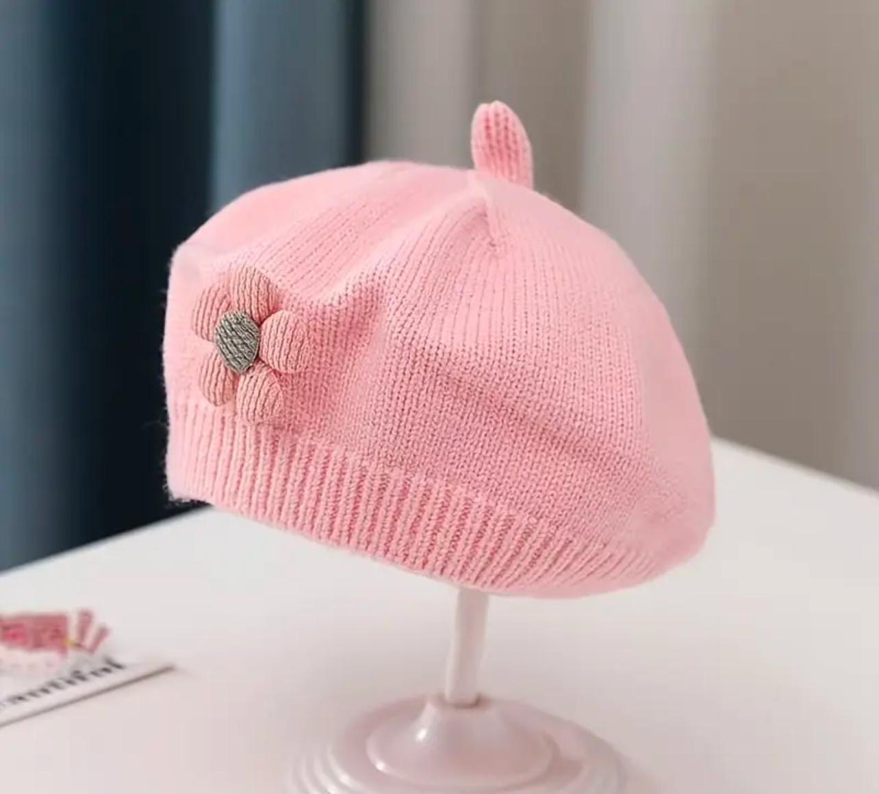 Pink Floral Knit Beret Hat