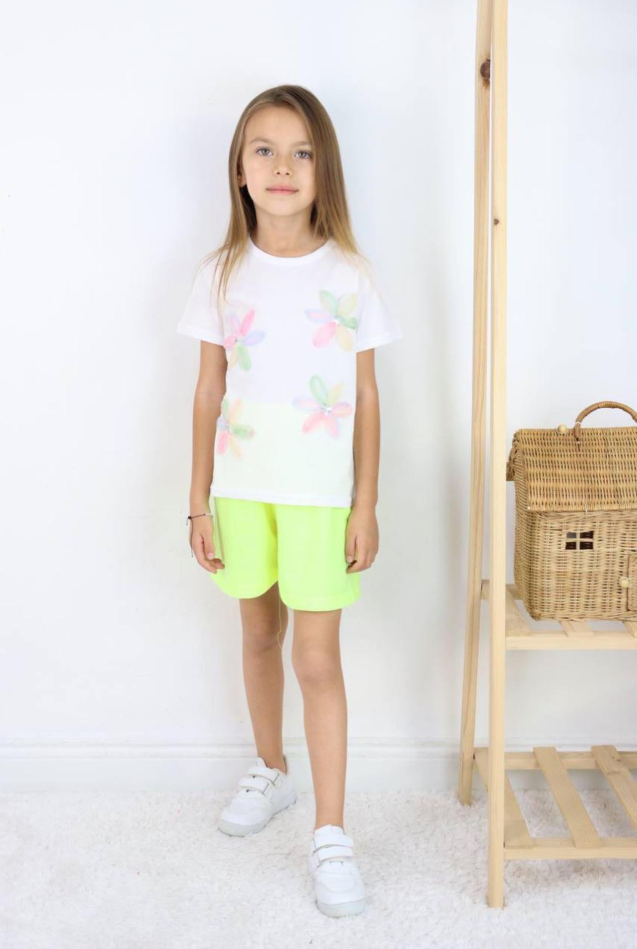 White 3D Flower Tshirt with Lime Shorts
